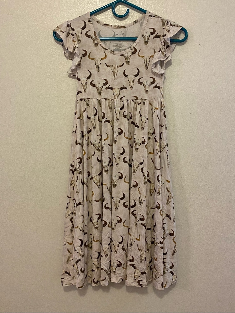 Posh Peanut Cream Dress with Brown Bull Western Print and Flutter Sleeves